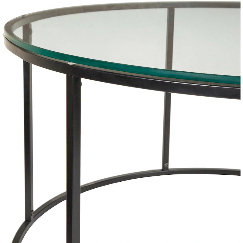 Table basse ronde en matériaux mixtes avec piètement en métal noir, plateau en bois marron
