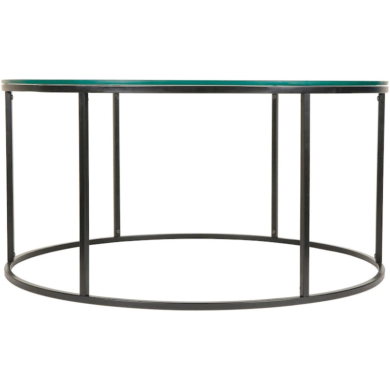 Table basse ronde en matériaux mixtes avec piètement en métal noir, plateau en bois marron