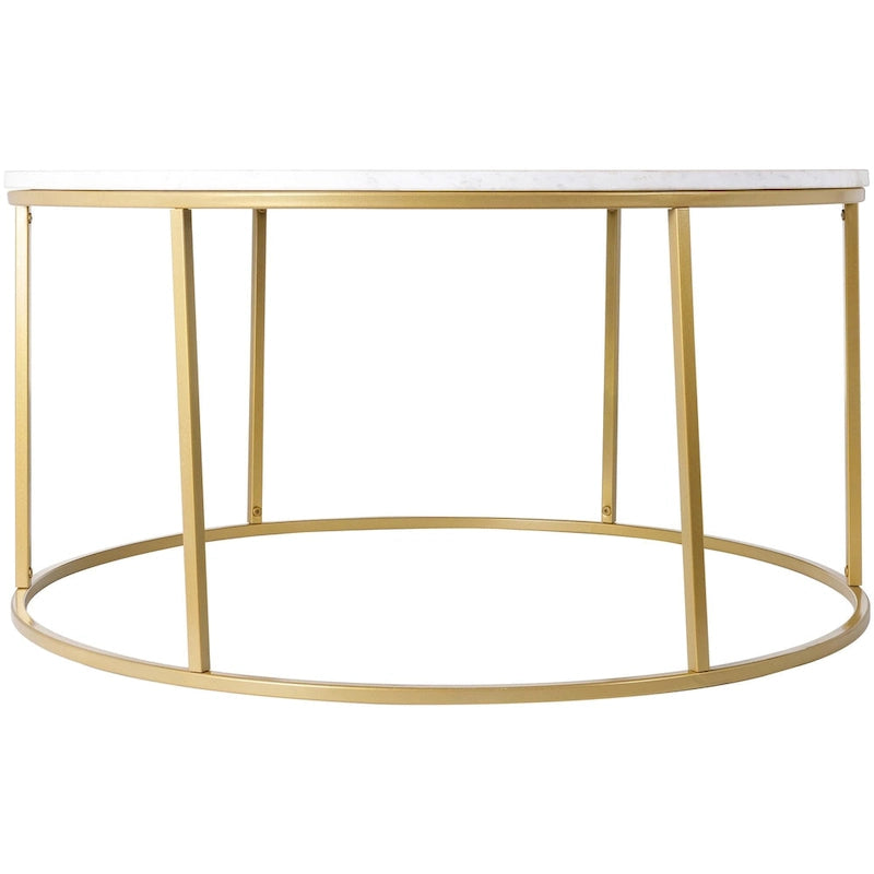 Table basse ronde en matériaux mixtes avec piètement en métal noir, plateau en bois marron