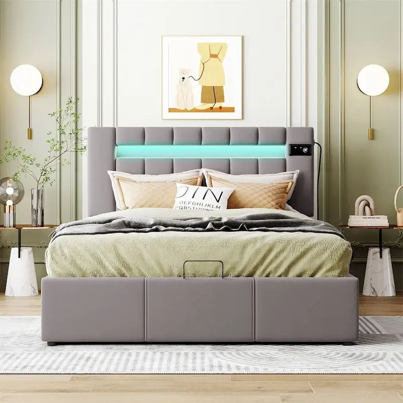 Lit de rangement rembourré avec lumières LED, haut-parleur Bluetooth, port de chargement USB, velours gris/beige