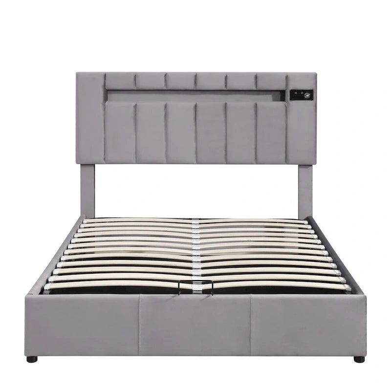 Lit de rangement rembourré avec lumières LED, haut-parleur Bluetooth, port de chargement USB, velours gris/beige