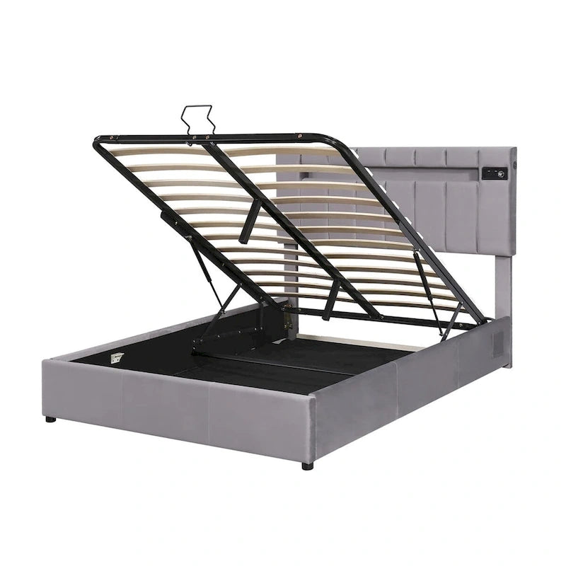 Lit de rangement rembourré avec lumières LED, haut-parleur Bluetooth, port de chargement USB, velours gris/beige