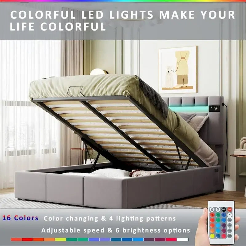 Lit de rangement rembourré avec lumières LED, haut-parleur Bluetooth, port de chargement USB, velours gris/beige