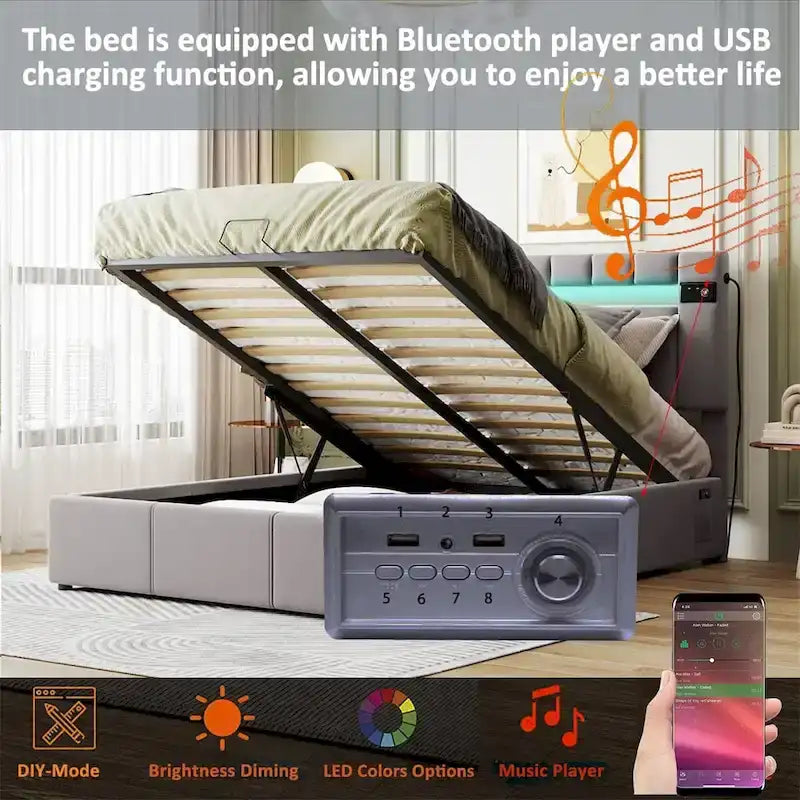 Lit de rangement rembourré avec lumières LED, haut-parleur Bluetooth, port de chargement USB, velours gris/beige