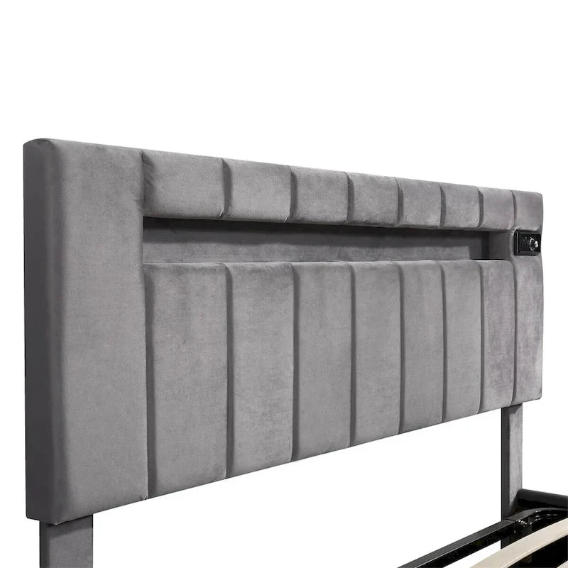 Lit de rangement rembourré avec lumières LED, haut-parleur Bluetooth, port de chargement USB, velours gris/beige