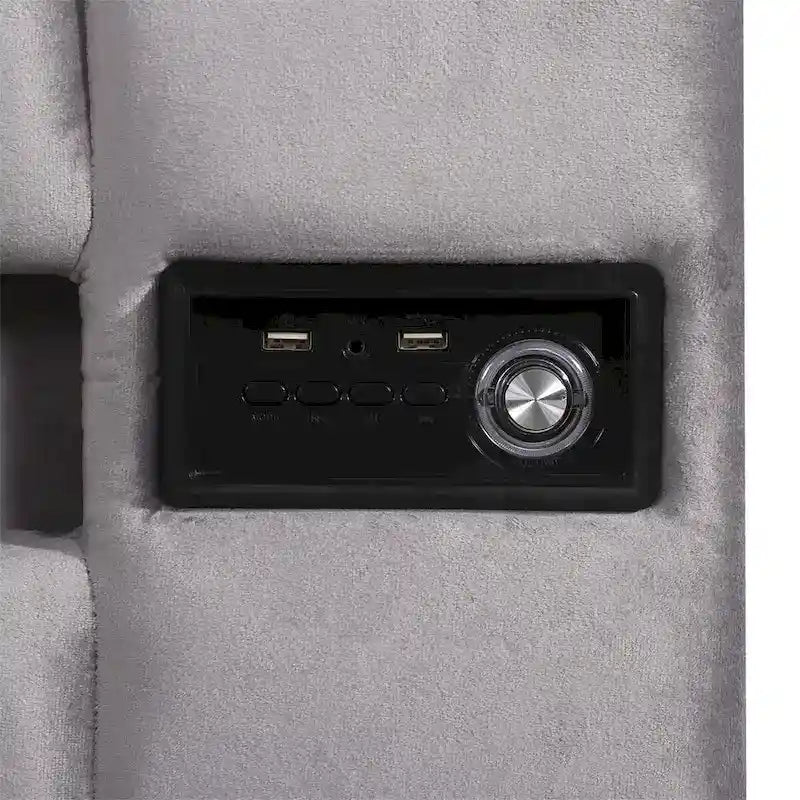 Lit de rangement rembourré avec lumières LED, haut-parleur Bluetooth, port de chargement USB, velours gris/beige