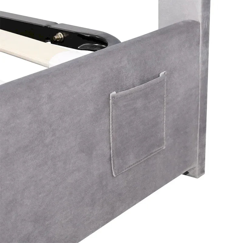 Lit de rangement rembourré avec lumières LED, haut-parleur Bluetooth, port de chargement USB, velours gris/beige
