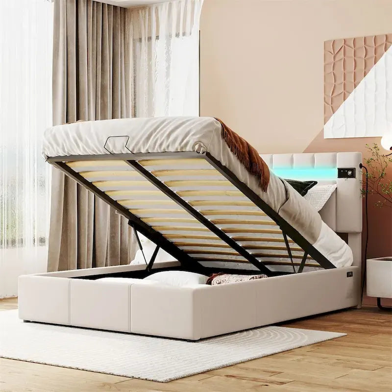 Lit de rangement rembourré avec lumières LED, haut-parleur Bluetooth, port de chargement USB, velours gris/beige