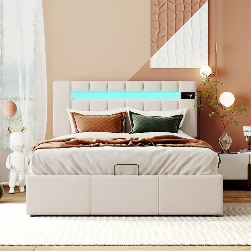 Lit de rangement rembourré avec lumières LED, haut-parleur Bluetooth, port de chargement USB, velours gris/beige