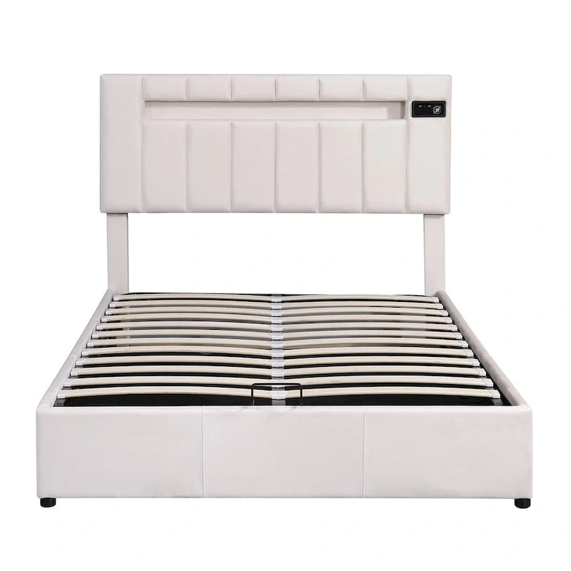 Lit de rangement rembourré avec lumières LED, haut-parleur Bluetooth, port de chargement USB, velours gris/beige