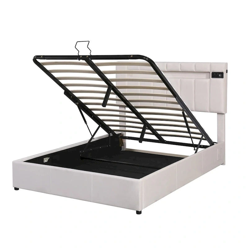 Lit de rangement rembourré avec lumières LED, haut-parleur Bluetooth, port de chargement USB, velours gris/beige
