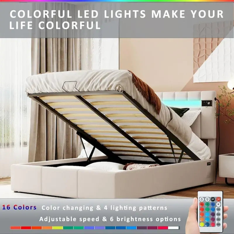 Lit de rangement rembourré avec lumières LED, haut-parleur Bluetooth, port de chargement USB, velours gris/beige