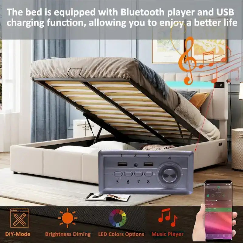 Lit de rangement rembourré avec lumières LED, haut-parleur Bluetooth, port de chargement USB, velours gris/beige