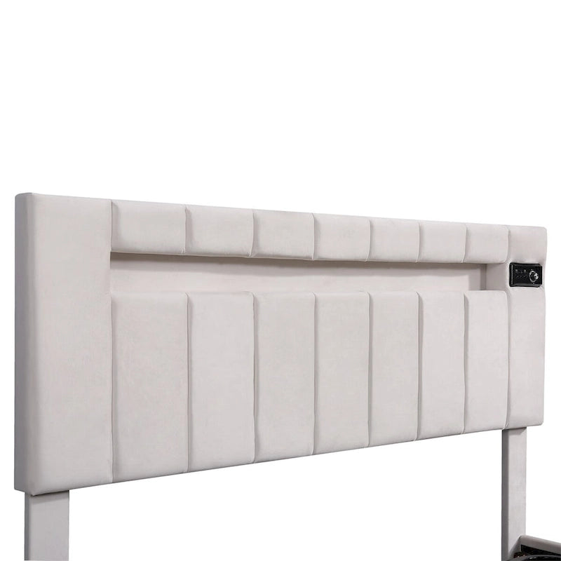 Lit de rangement rembourré avec lumières LED, haut-parleur Bluetooth, port de chargement USB, velours gris/beige