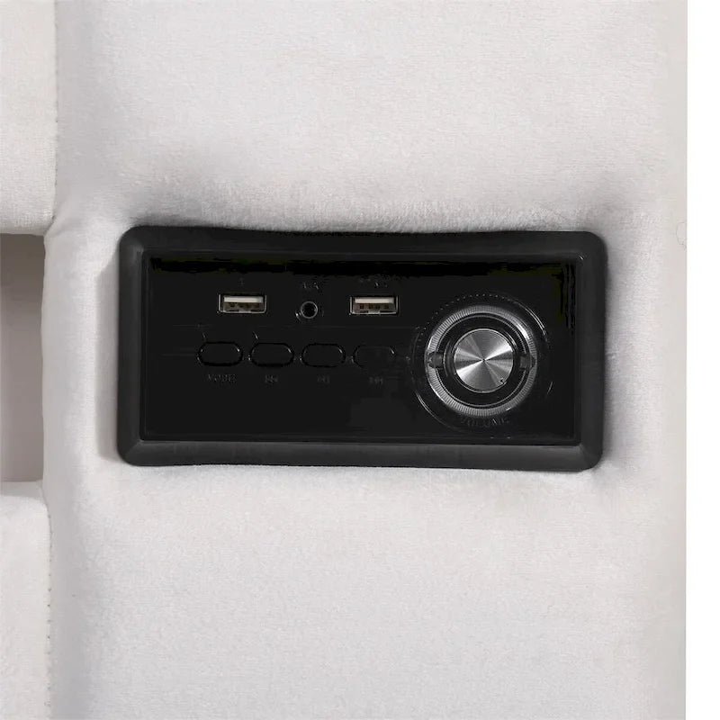Lit de rangement rembourré avec lumières LED, haut-parleur Bluetooth, port de chargement USB, velours gris/beige