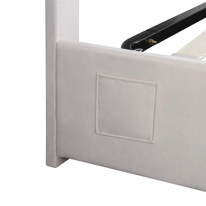 Lit de rangement rembourré avec lumières LED, haut-parleur Bluetooth, port de chargement USB, velours gris/beige
