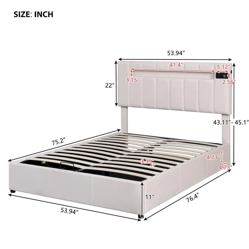 Lit de rangement rembourré avec lumières LED, haut-parleur Bluetooth, port de chargement USB, velours gris/beige