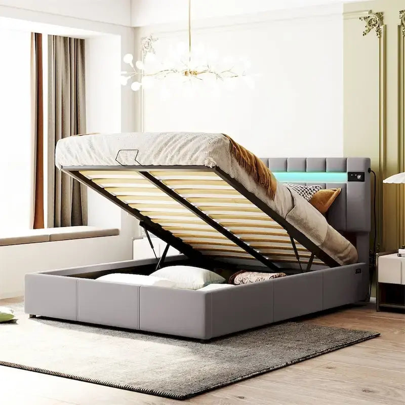 Lit de rangement rembourré avec lumières LED, haut-parleur Bluetooth, port de chargement USB, velours gris/beige