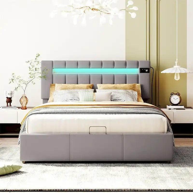 Lit de rangement rembourré avec lumières LED, haut-parleur Bluetooth, port de chargement USB, velours gris/beige