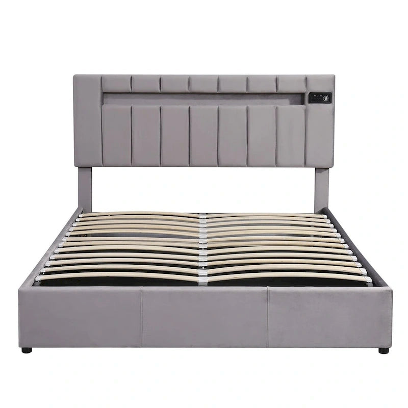 Lit de rangement rembourré avec lumières LED, haut-parleur Bluetooth, port de chargement USB, velours gris/beige