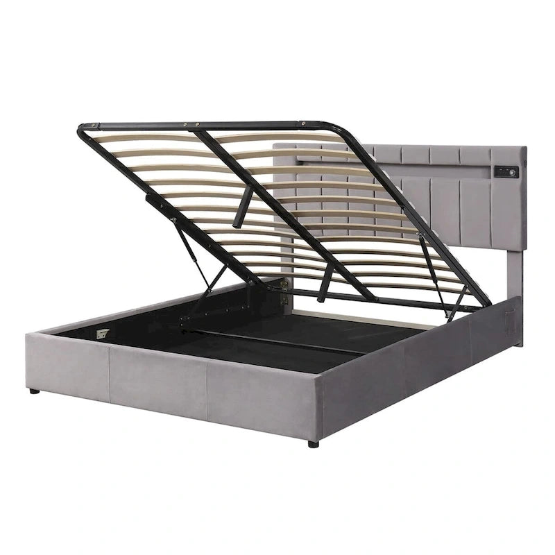 Lit de rangement rembourré avec lumières LED, haut-parleur Bluetooth, port de chargement USB, velours gris/beige