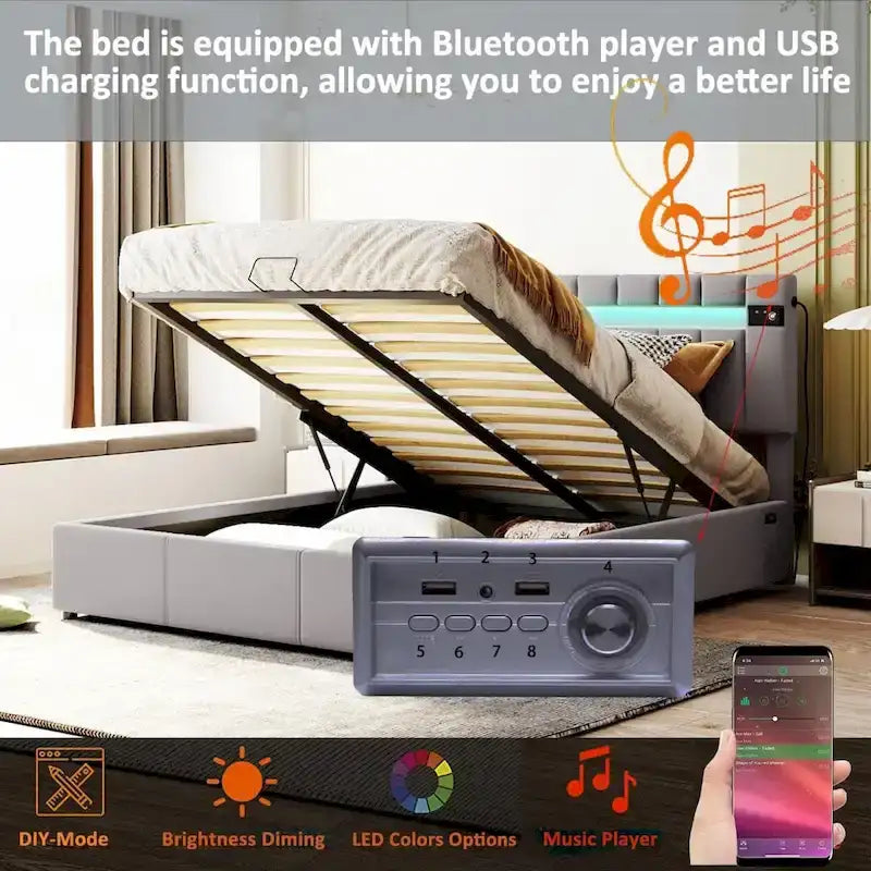 Lit de rangement rembourré avec lumières LED, haut-parleur Bluetooth, port de chargement USB, velours gris/beige
