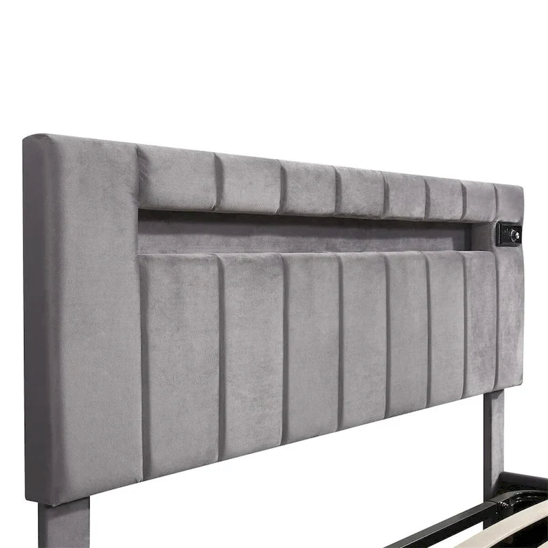 Lit de rangement rembourré avec lumières LED, haut-parleur Bluetooth, port de chargement USB, velours gris/beige