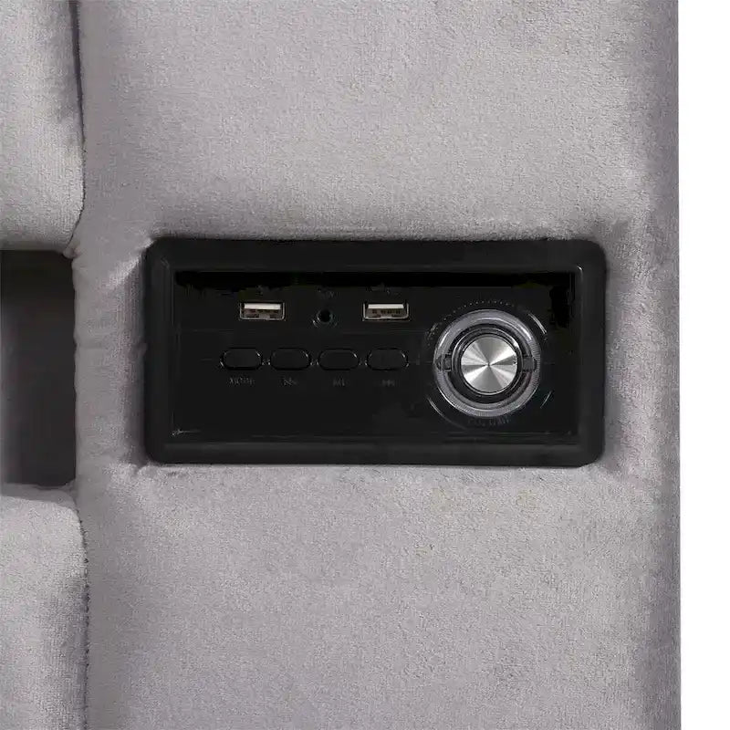 Lit de rangement rembourré avec lumières LED, haut-parleur Bluetooth, port de chargement USB, velours gris/beige
