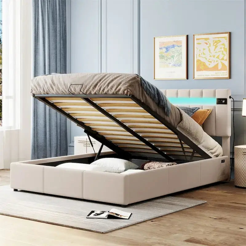 Lit de rangement rembourré avec lumières LED, haut-parleur Bluetooth, port de chargement USB, velours gris/beige
