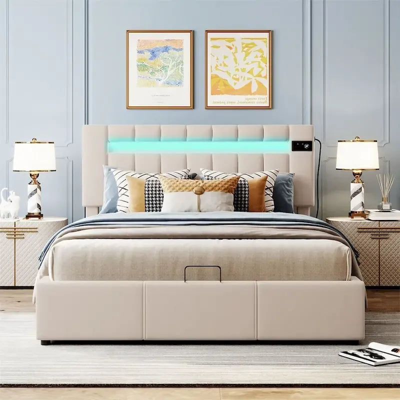 Lit de rangement rembourré avec lumières LED, haut-parleur Bluetooth, port de chargement USB, velours gris/beige