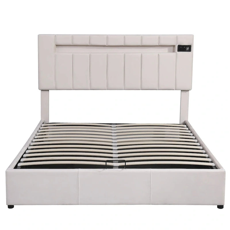 Lit de rangement rembourré avec lumières LED, haut-parleur Bluetooth, port de chargement USB, velours gris/beige