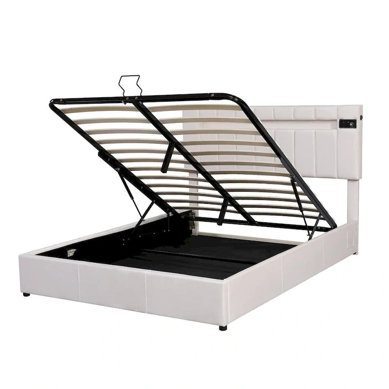 Lit de rangement rembourré avec lumières LED, haut-parleur Bluetooth, port de chargement USB, velours gris/beige