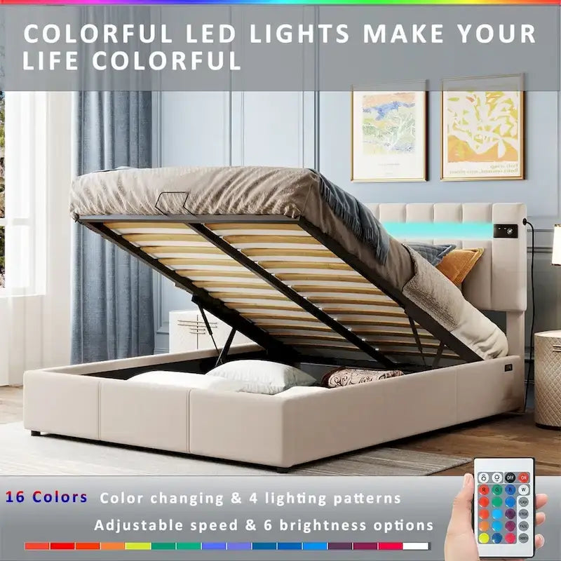 Lit de rangement rembourré avec lumières LED, haut-parleur Bluetooth, port de chargement USB, velours gris/beige
