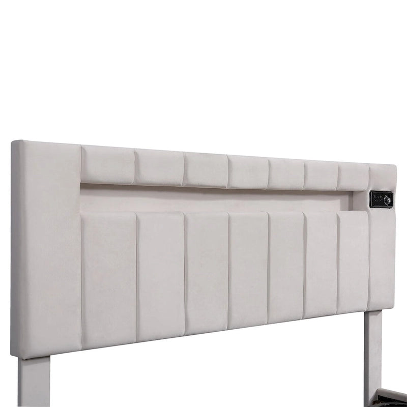 Lit de rangement rembourré avec lumières LED, haut-parleur Bluetooth, port de chargement USB, velours gris/beige