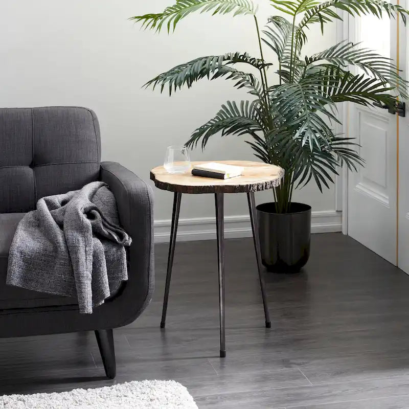 Table d'appoint ronde en manguier avec plateau tranche et pieds trépieds marron