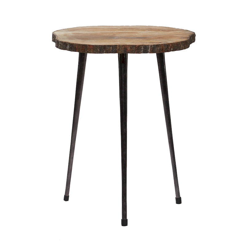 Table d'appoint ronde en manguier avec plateau tranche et pieds trépieds marron