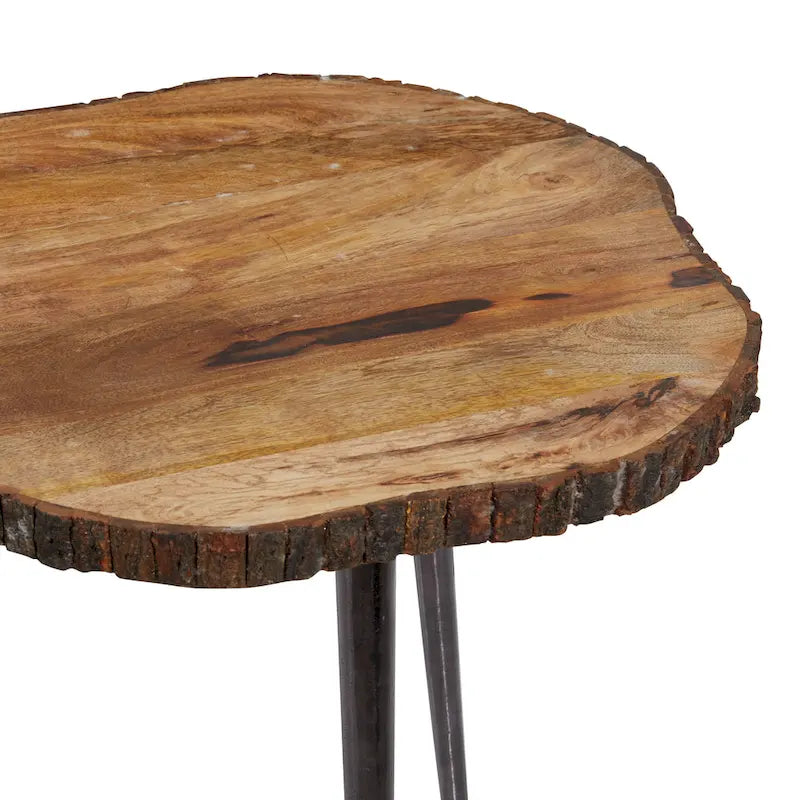 Table d'appoint ronde en manguier avec plateau tranche et pieds trépieds marron