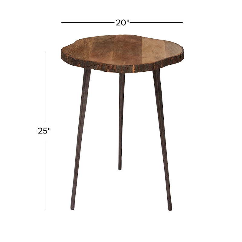 Table d'appoint ronde en manguier avec plateau tranche et pieds trépieds marron