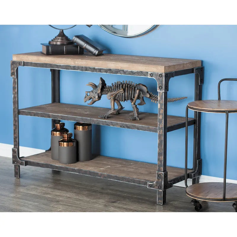 Console en métal marron à 3 étagères et plateau en bois industriel