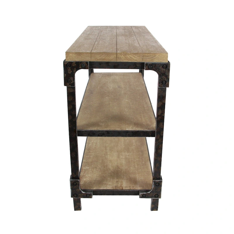 Console en métal marron à 3 étagères et plateau en bois industriel