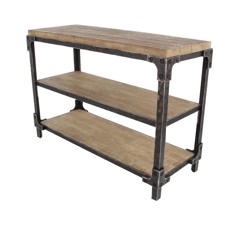 Console en métal marron à 3 étagères et plateau en bois industriel