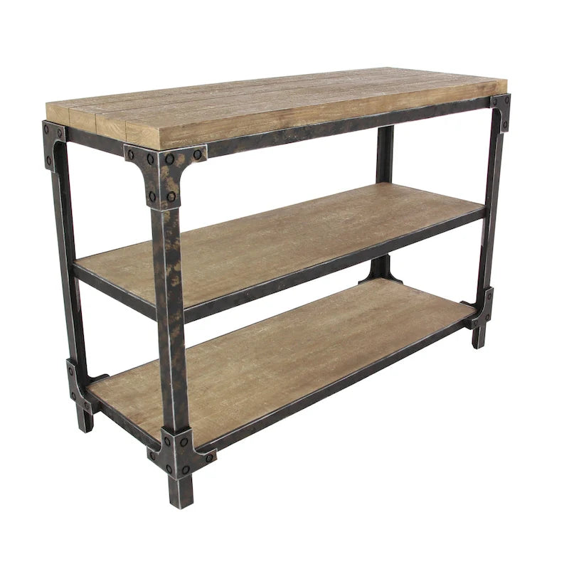 Console en métal marron à 3 étagères et plateau en bois industriel