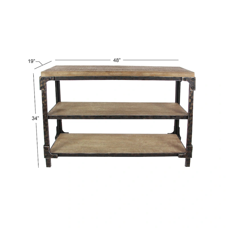 Console en métal marron à 3 étagères et plateau en bois industriel