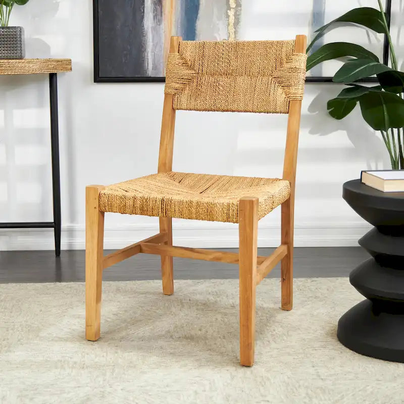 Fauteuil d'appoint en teck fait main avec assise en feuille de bananier tressée marron clair