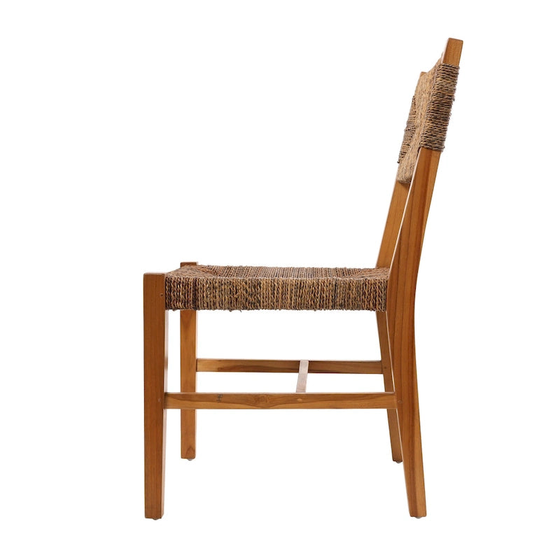 Fauteuil d'appoint en teck fait main avec assise en feuille de bananier tressée marron clair