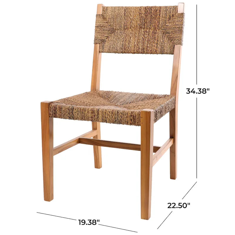 Fauteuil d'appoint en teck fait main avec assise en feuille de bananier tressée marron clair