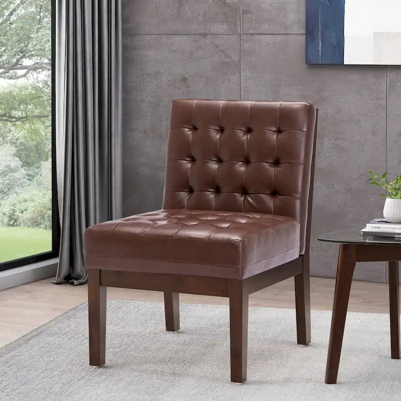 Fauteuil d'appoint capitonné en similicuir avec pieds en bois d'hévéa couleur expresso foncé