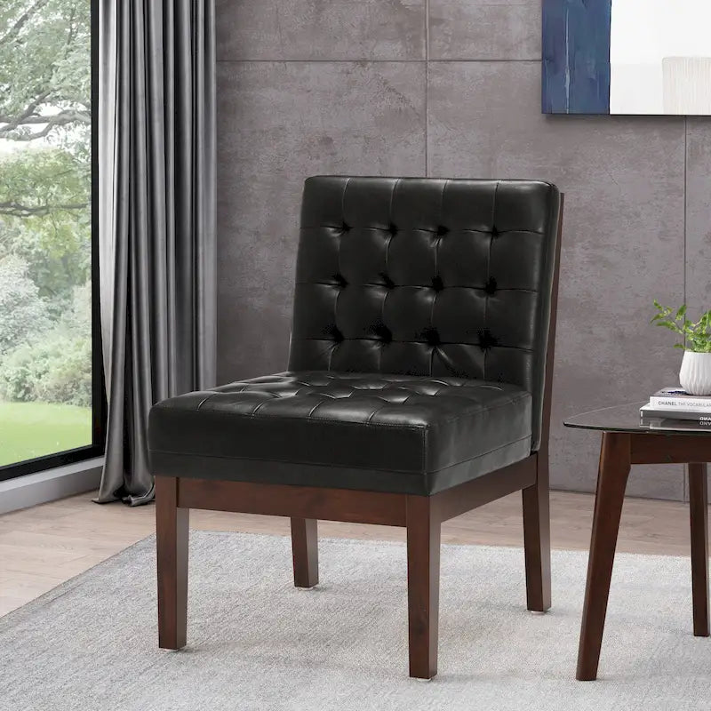 Fauteuil d'appoint capitonné en similicuir avec pieds en bois d'hévéa couleur expresso foncé