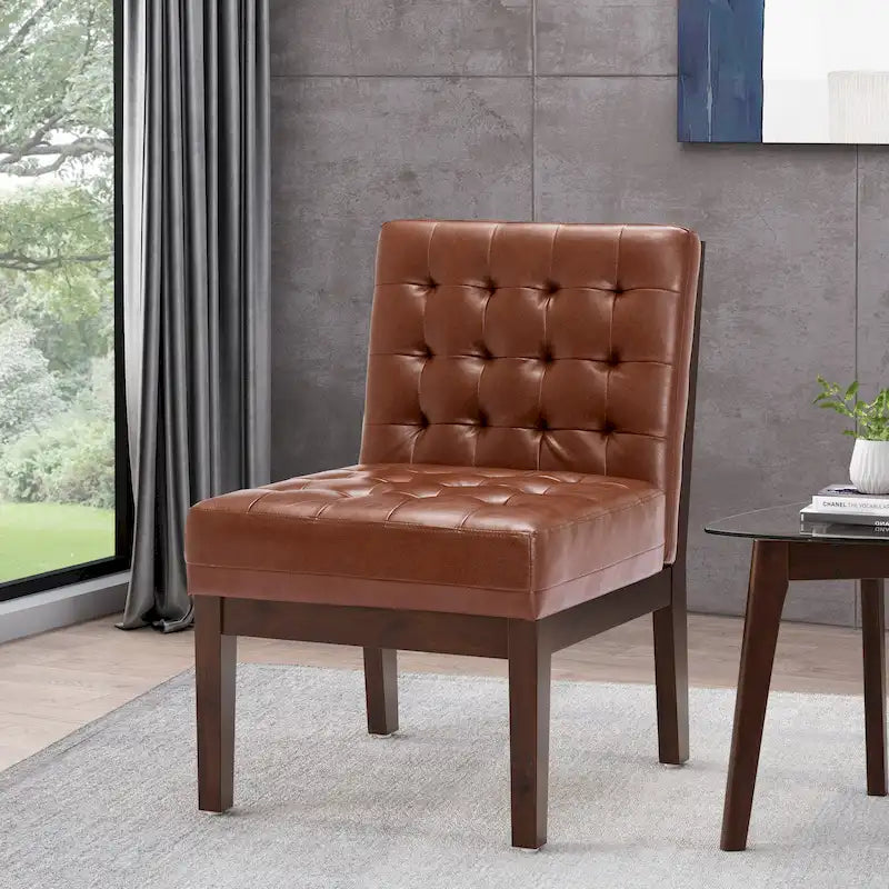Fauteuil d'appoint capitonné en similicuir avec pieds en bois d'hévéa couleur expresso foncé
