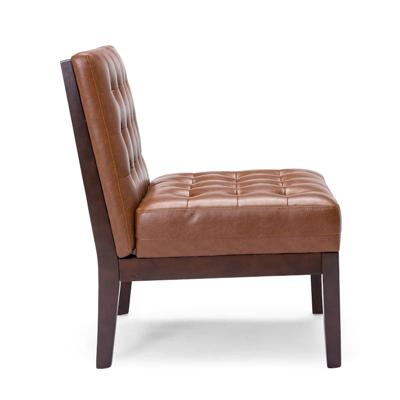 Fauteuil d'appoint capitonné en similicuir avec pieds en bois d'hévéa couleur expresso foncé